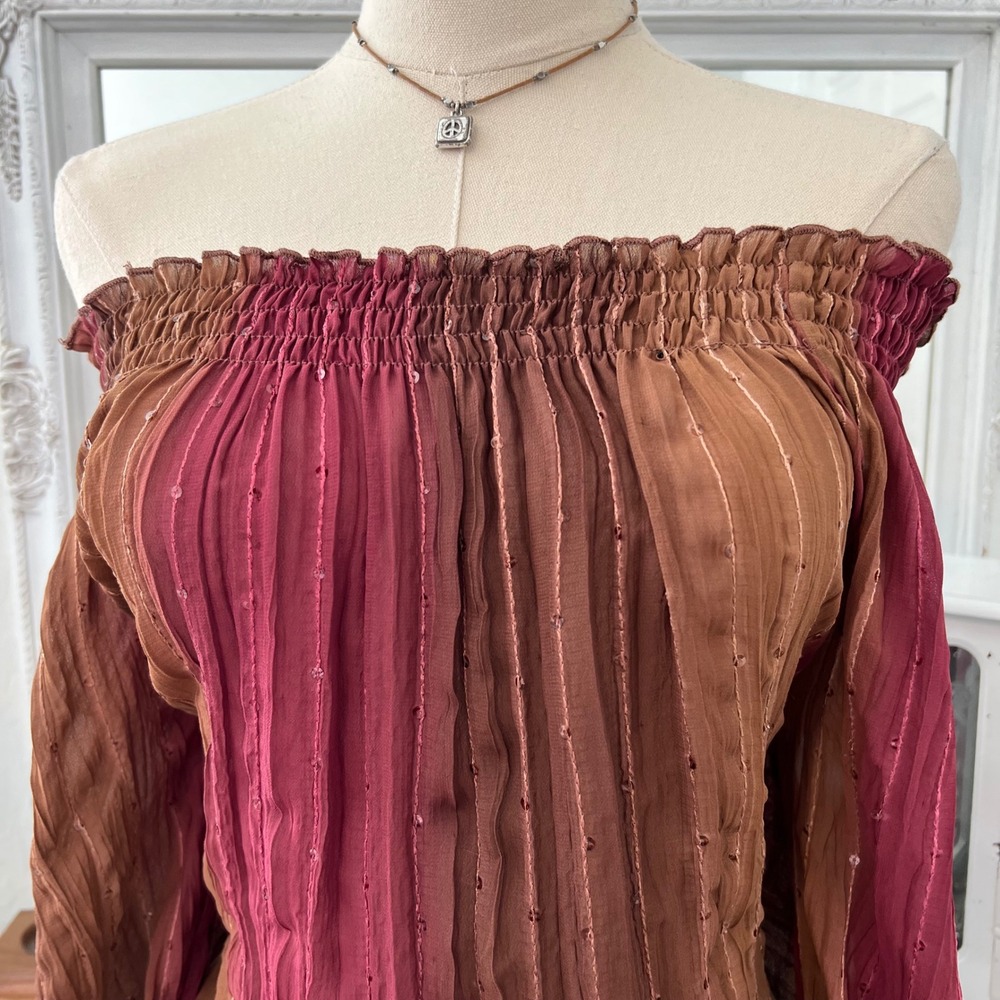 vintage y2k tuscan style brown & pink off shoulder long sleeve top - Picture 3 of 5